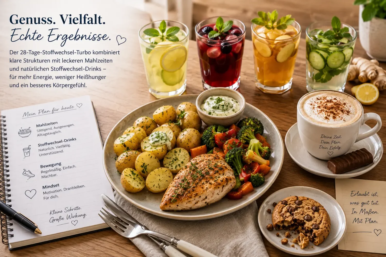 Gesunde Mahlzeiten und natürliche Stoffwechsel-Drinks aus dem 28-Tage Stoffwechsel-Turbo für nachhaltiges Abnehmen.