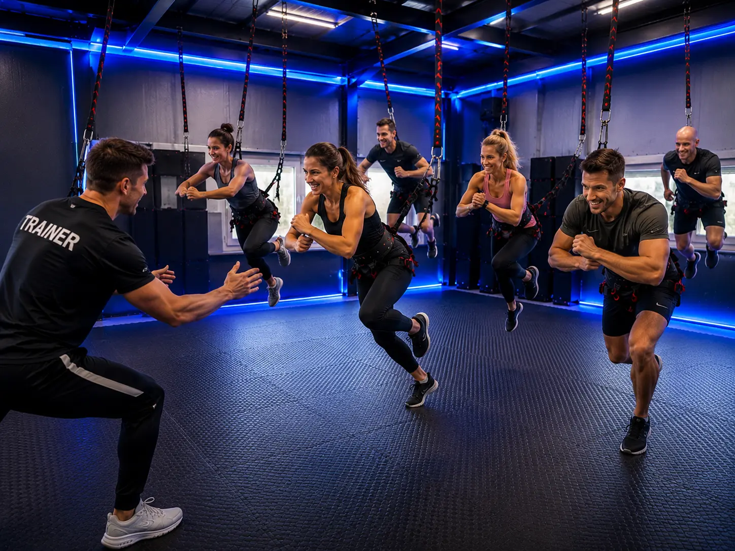 Erwachsene beim Bungee-Power-Training in der Gruppe bei Mainfitness in Zeil am Main.