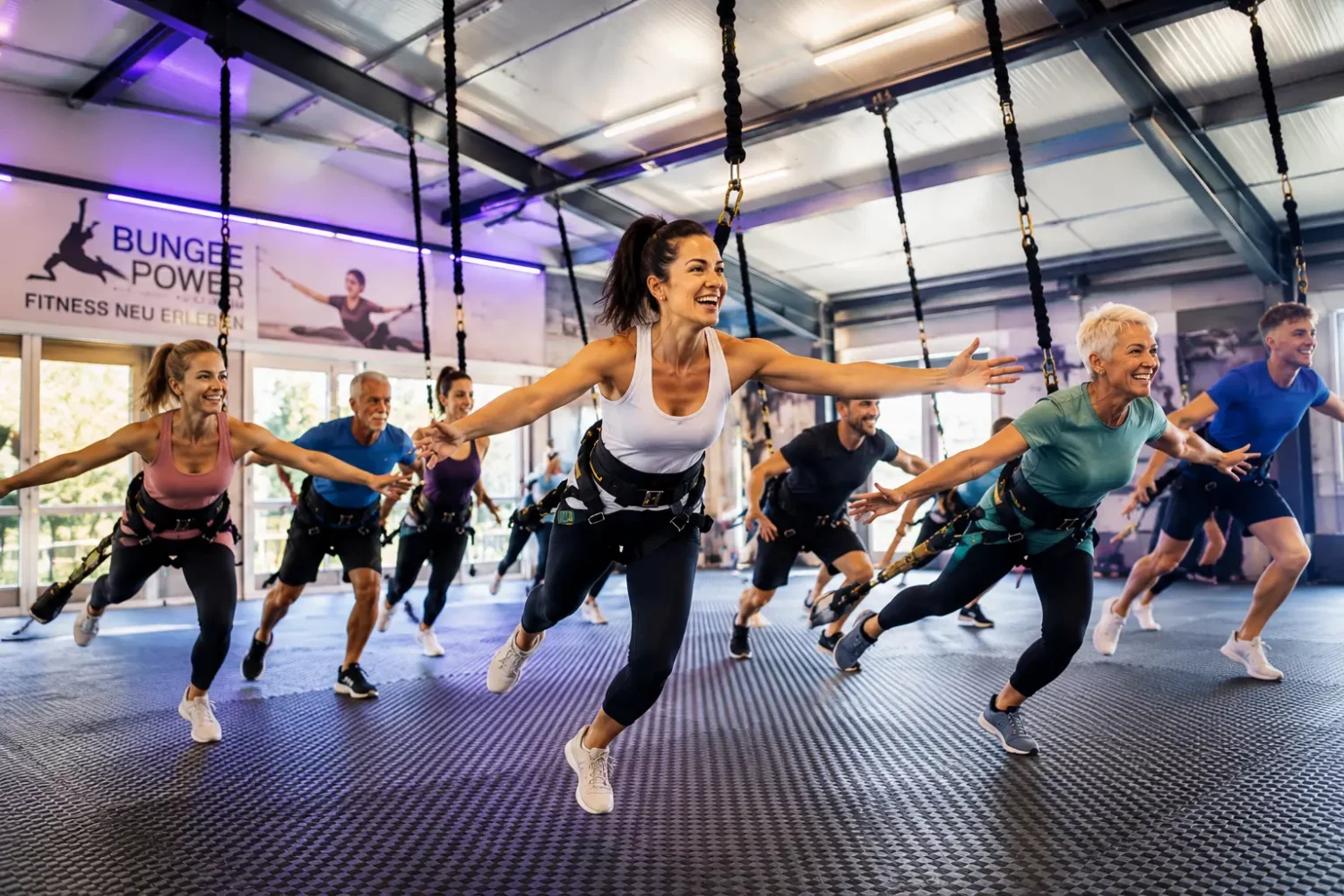 Teilnehmer beim Bungee Fitness Training bei Mainfitness in Zeil am Main. Gelenkschonendes Ganzkörpertraining mit Spaßfaktor für verschiedene Altersgruppen.