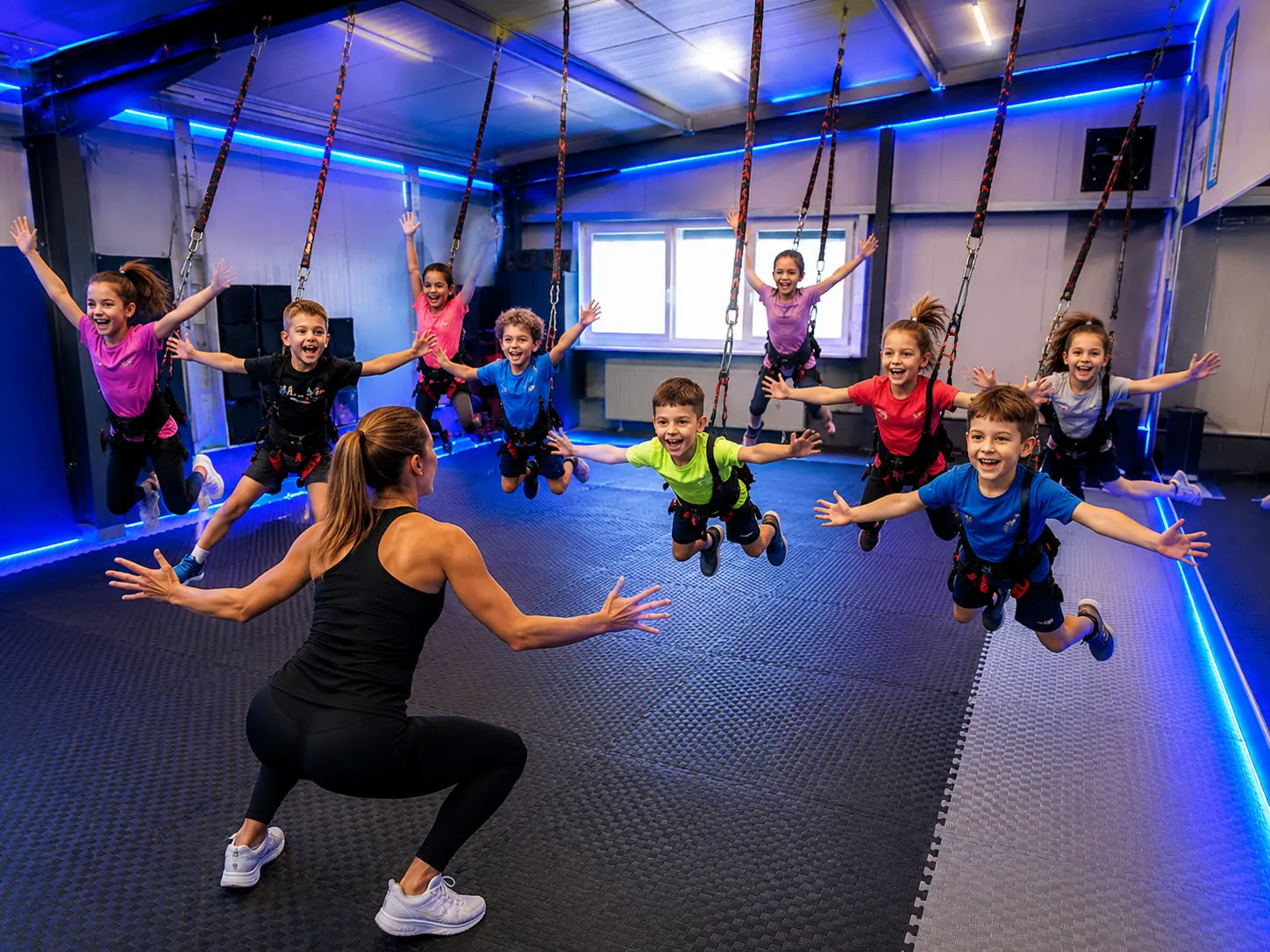 Kinder beim Bungee-Power-Training im Alter von 7 bis 9 Jahren bei Mainfitness in Zeil am Main.
