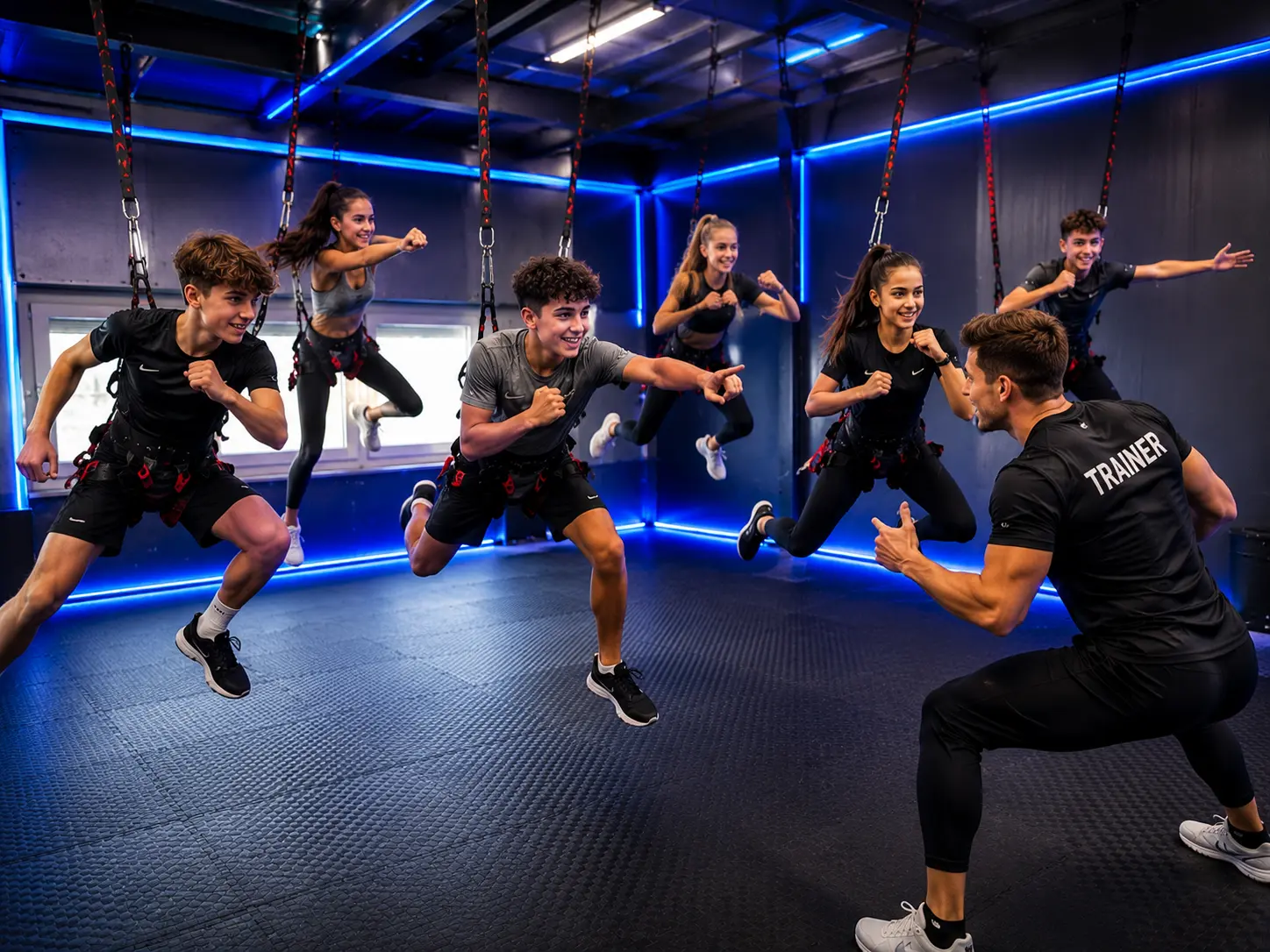 Jugendliche beim Bungee-Power-Training im Alter von 14 bis 18 Jahren bei Mainfitness in Zeil am Main.