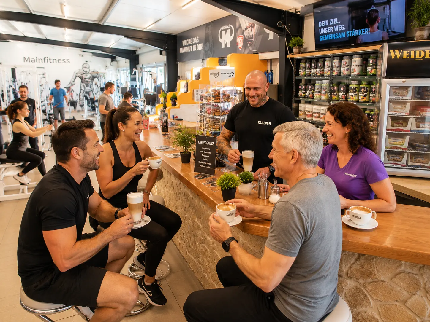 Mitglieder und Besucher genießen die familiäre Atmosphäre bei Mainfitness in Zeil am Main.