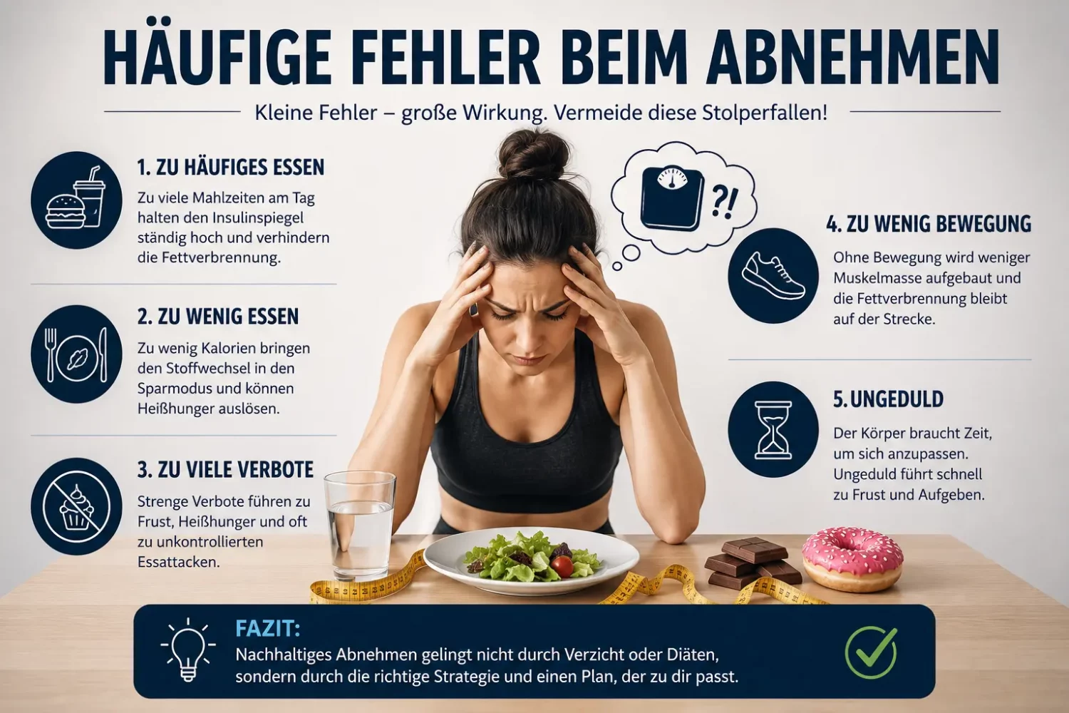 Infografik mit den häufigsten Fehlern beim Abnehmen und Tipps, wie der Jo-Jo-Effekt vermieden werden kann.