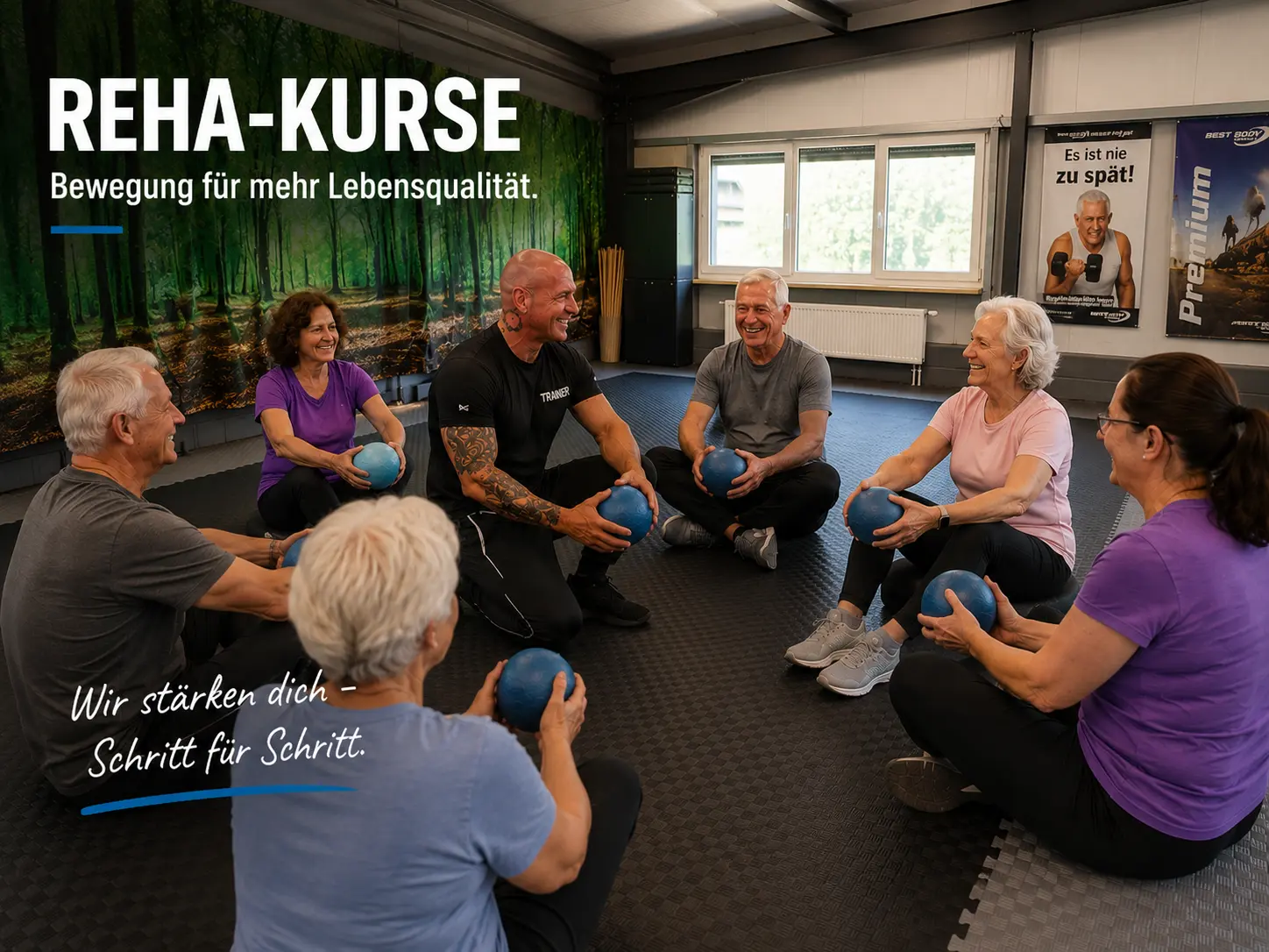 Teilnehmer eines Reha-Sport-Kurses bei Mainfitness in Zeil am Main trainieren gemeinsam Beweglichkeit, Kraft, Koordination und Gleichgewicht.