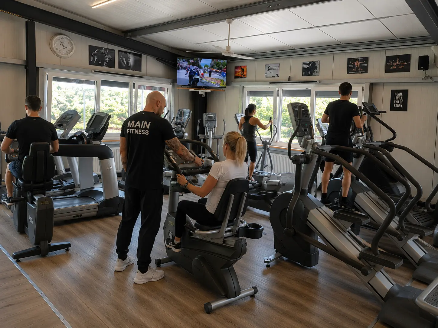 Mitglieder trainieren im Cardiobereich bei Mainfitness in Zeil am Main auf Fahrrädern und Crosstrainern für mehr Ausdauer, Herz-Kreislauf-Gesundheit und Fitness.
