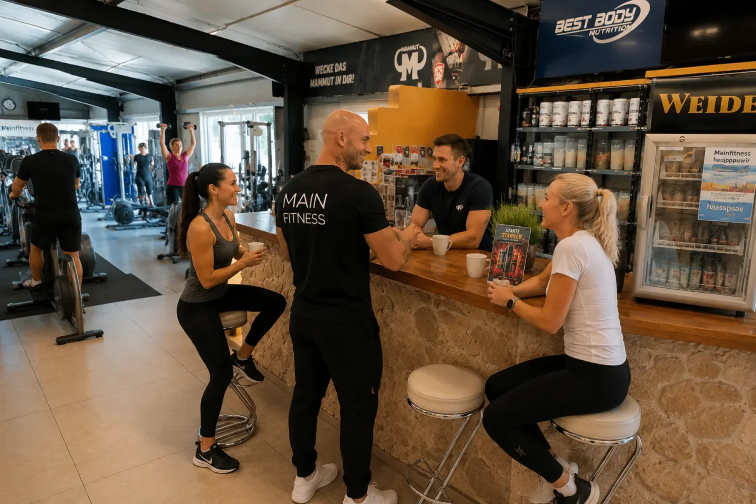 Gemütliches Beisammensein von Mitgliedern und Trainern im Empfangsbereich von Mainfitness in Zeil am Main.