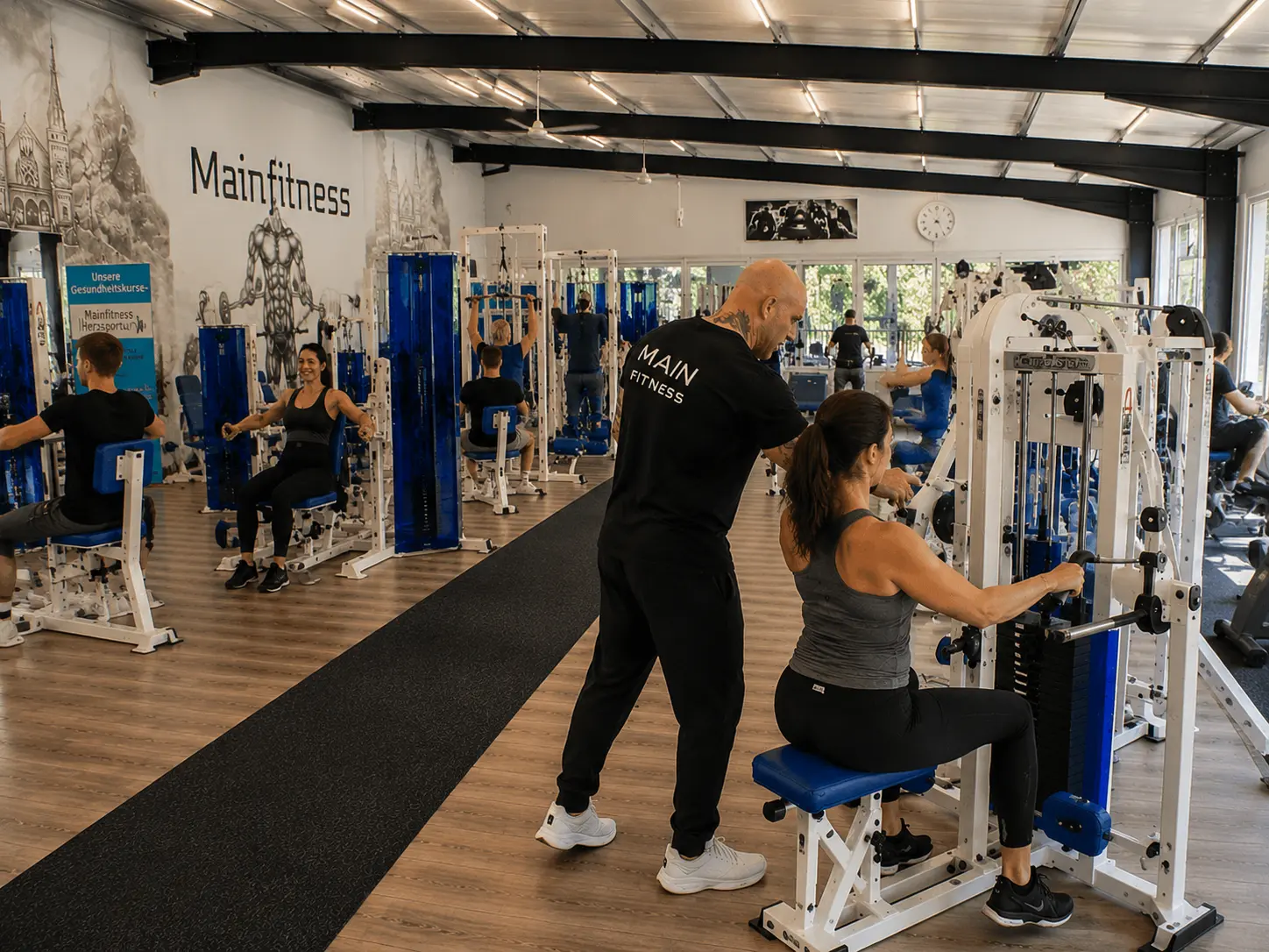 Trainer erklärt einer Teilnehmerin die richtige Übungsausführung beim Gerätetraining bei Mainfitness in Zeil am Main.
