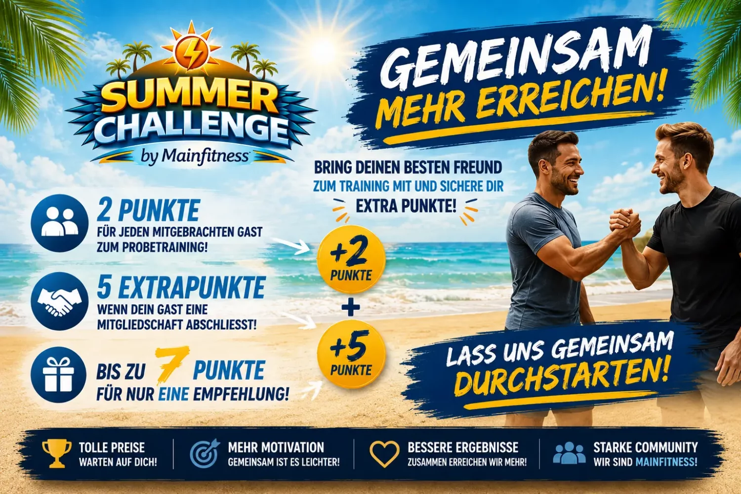 Mainfitness Summer Challenge – Mitglieder bringen Freunde zum Probetraining mit und sammeln bis zu 7 Punkte.