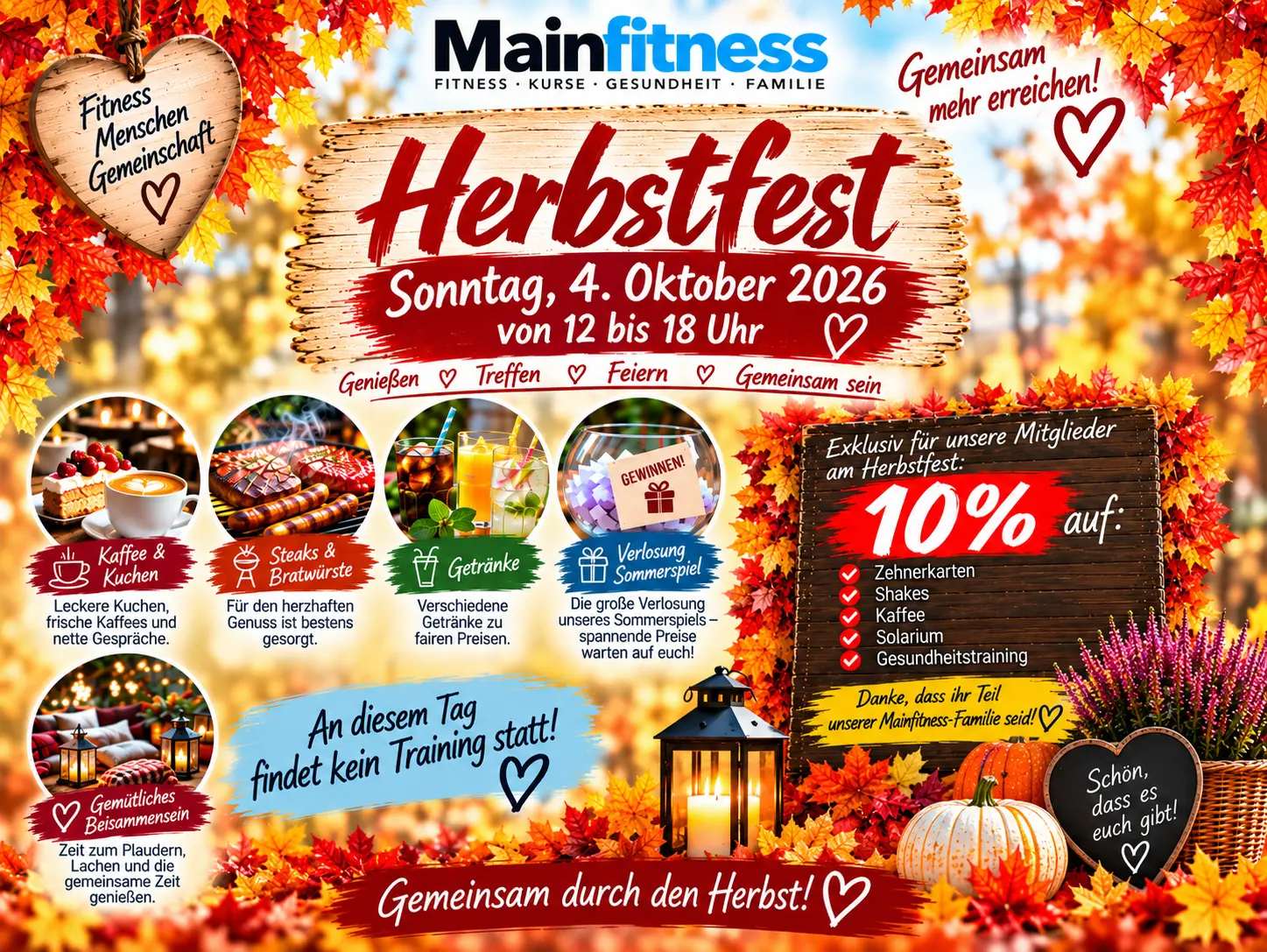 Mainfitness Herbstfest am 4. Oktober 2026 mit Kaffee und Kuchen, Grillangebot, Verlosung und 10 % Vorteil für Mitglieder